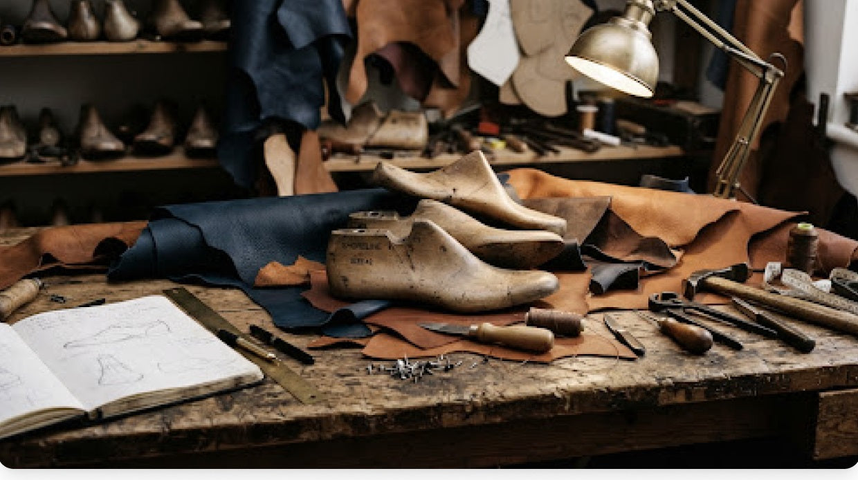 Shoemaker workshop with leather and tools