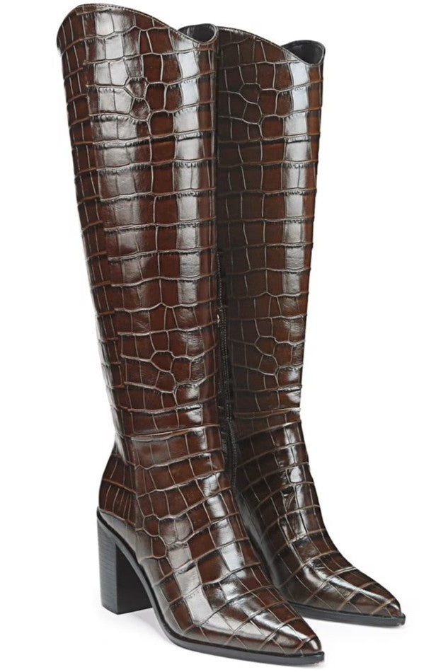 Brown Croc Print Wide Calf