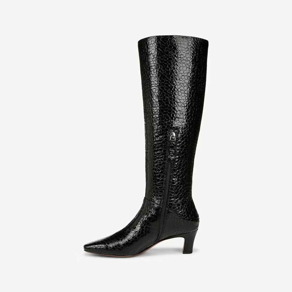 Franco Sarto Women's Andria Pointed Toe Knee High Boot Black Croc Patent Leather 5M