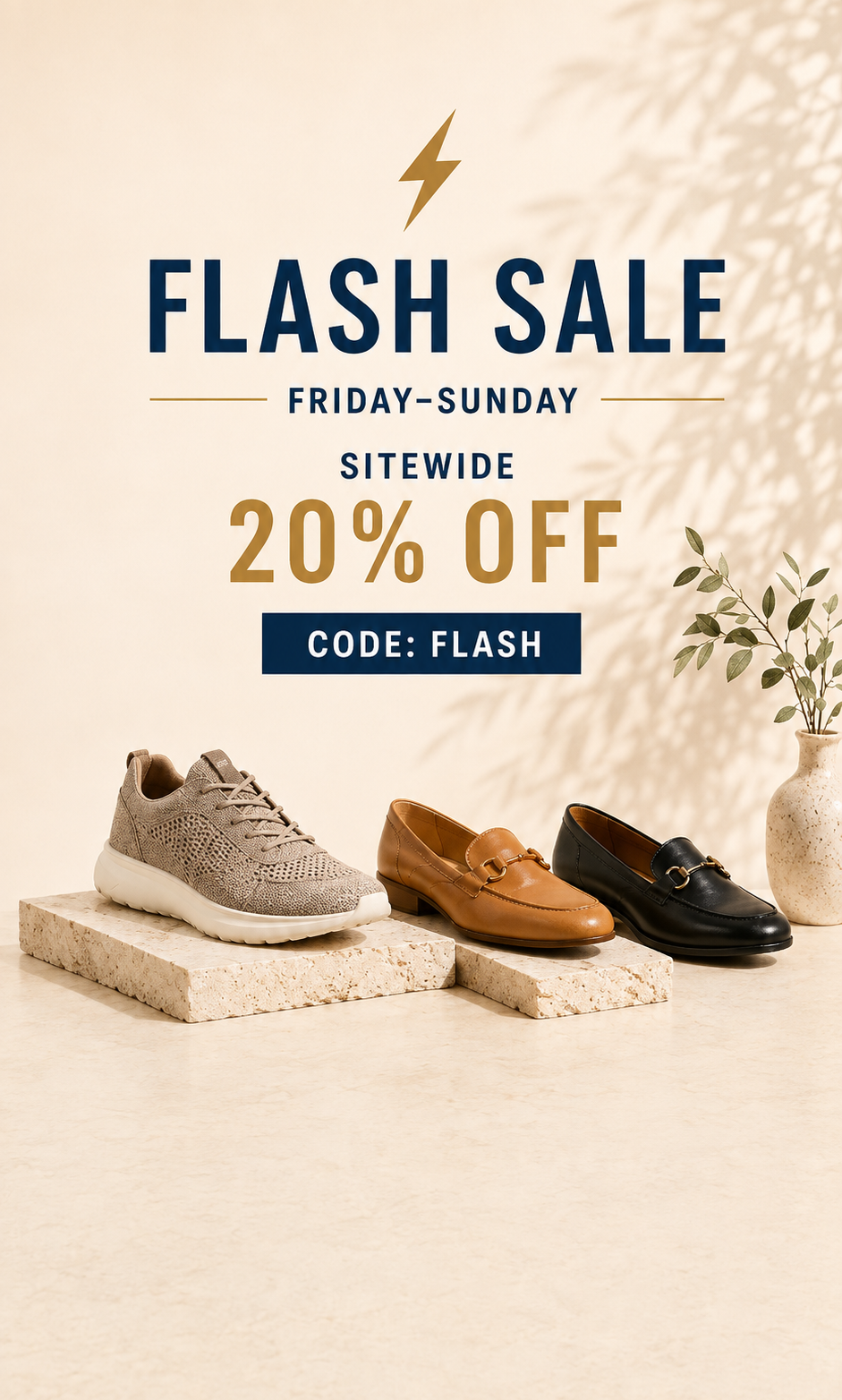 A promotional banner for a flash sale featuring three pairs of shoes: a beige knit sneaker, a tan leather loafer, and a black leather loafer, displayed on stone blocks against a warm beige background with a small vase of leaves. Text on the left reads 'FLASH SALE', 'FRIDAY-SUNDAY', 'SITEWIDE 20% OFF', and 'CODE: FLASH'.