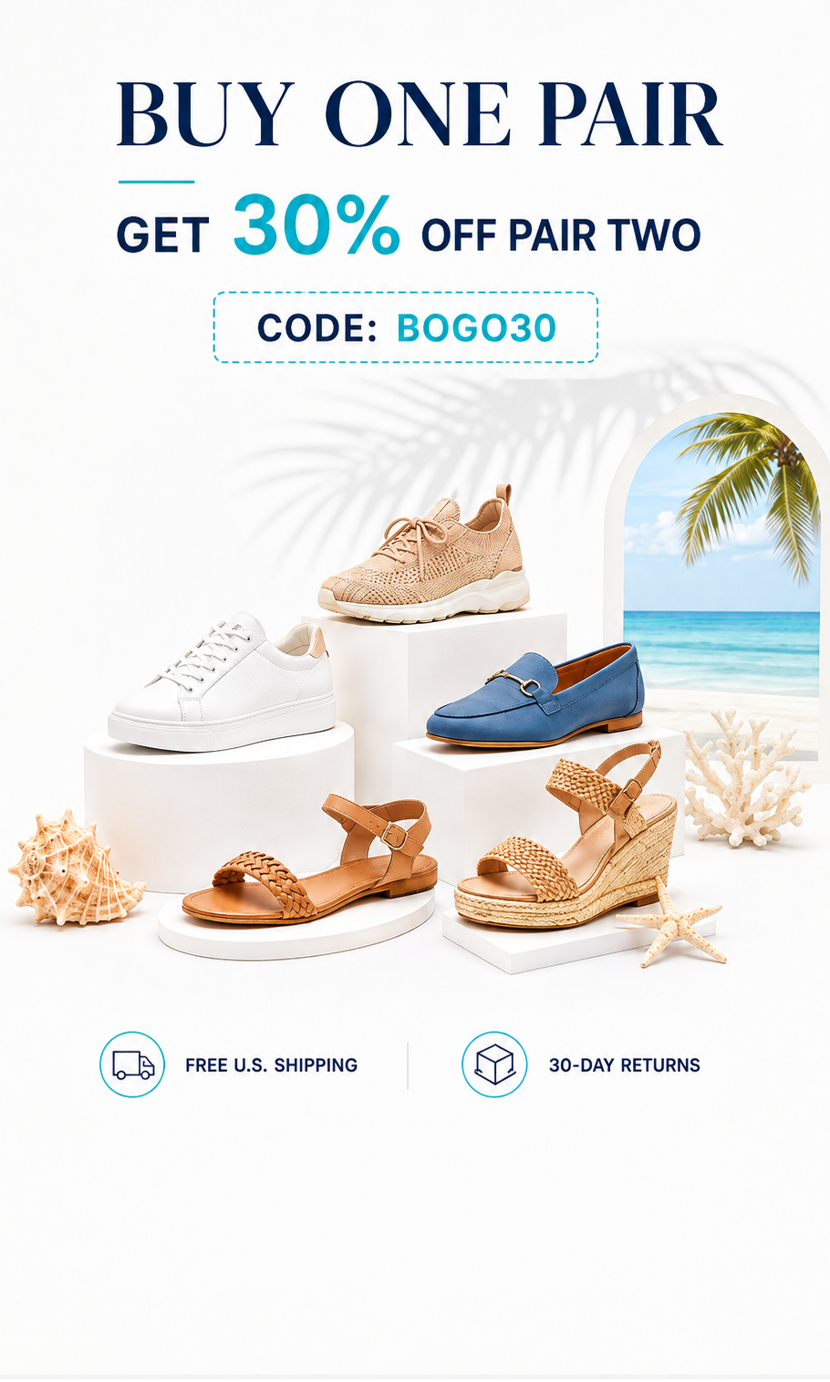 Promotional banner for a shoe sale offering buy one pair, get 30% off pair two. The image showcases a collection of women's casual shoes including white sneakers, beige platform sandals, a blue slip-on loafer, and tan wedge sandals, styled with seashells and a tropical beach archway on a white background with text overlays.