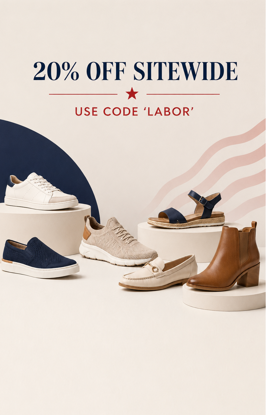A promotional banner showing multiple women's shoes and sandals displayed on white pedestals against a light gray background with navy and pink graphic shapes. The text reads '20% OFF SITEWIDE' and 'USE CODE "LABOR"'.