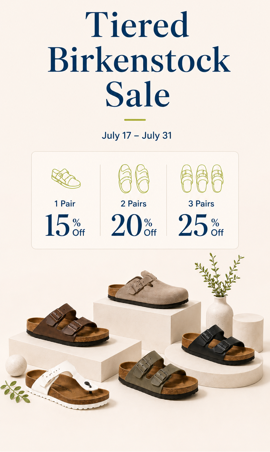 Promotional banner for a Tiered Birkenstock Sale, featuring multiple Birkenstock clogs and sandals displayed on white pedestals against a light beige background, with sale dates and discount percentages shown.